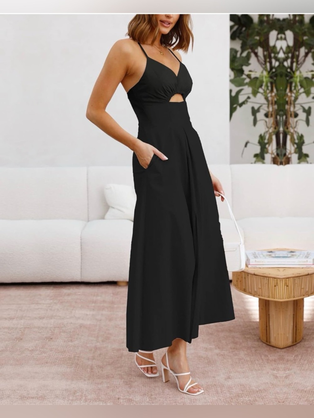 Black Spaghetti Strap Cutout Maxi Dress A-Line Slit Beach Vacation Sundress - M - Picture 4 of 11